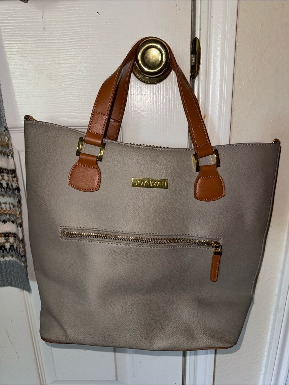 Taupe Tote with Brown Leather Handles